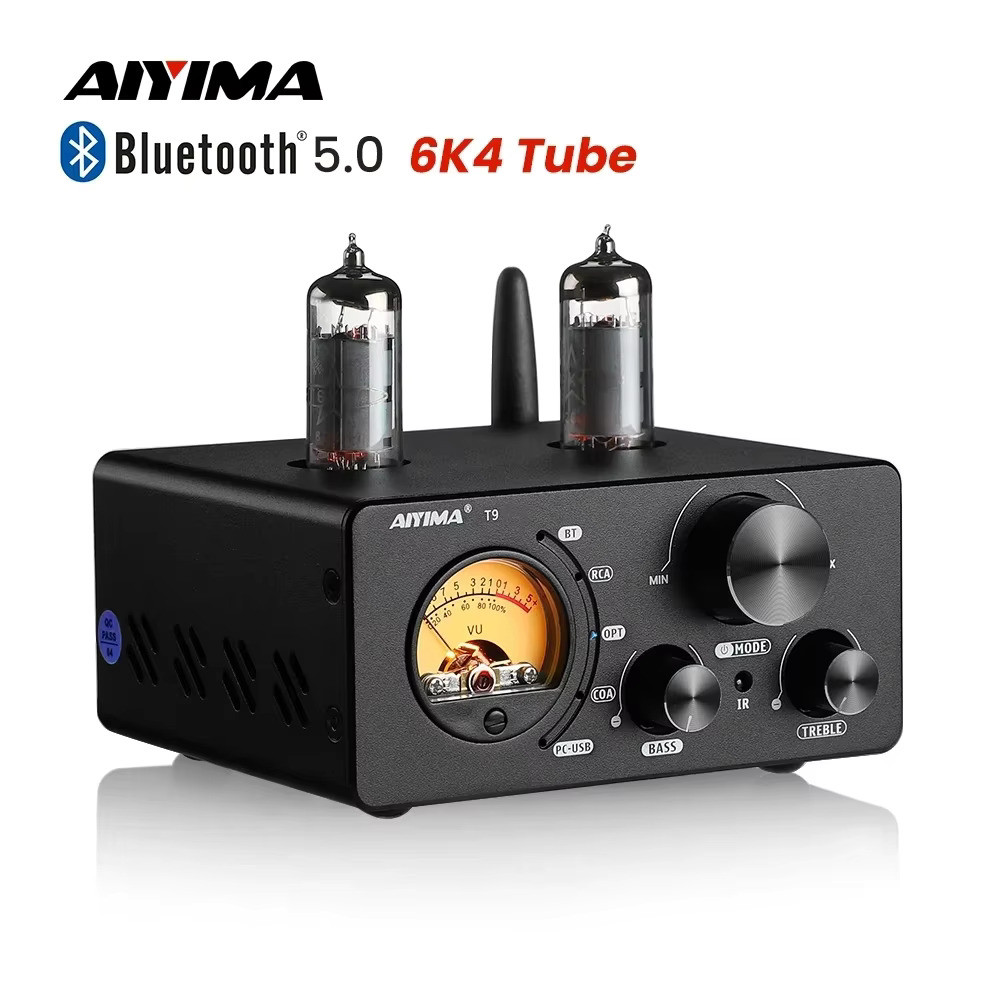 AIYIMA Audio T9 HiFi Bluetooth 5.0 Vacuum Tube USB DAC Stereo COAX OPT VU Meter Amplifier Speaker Me