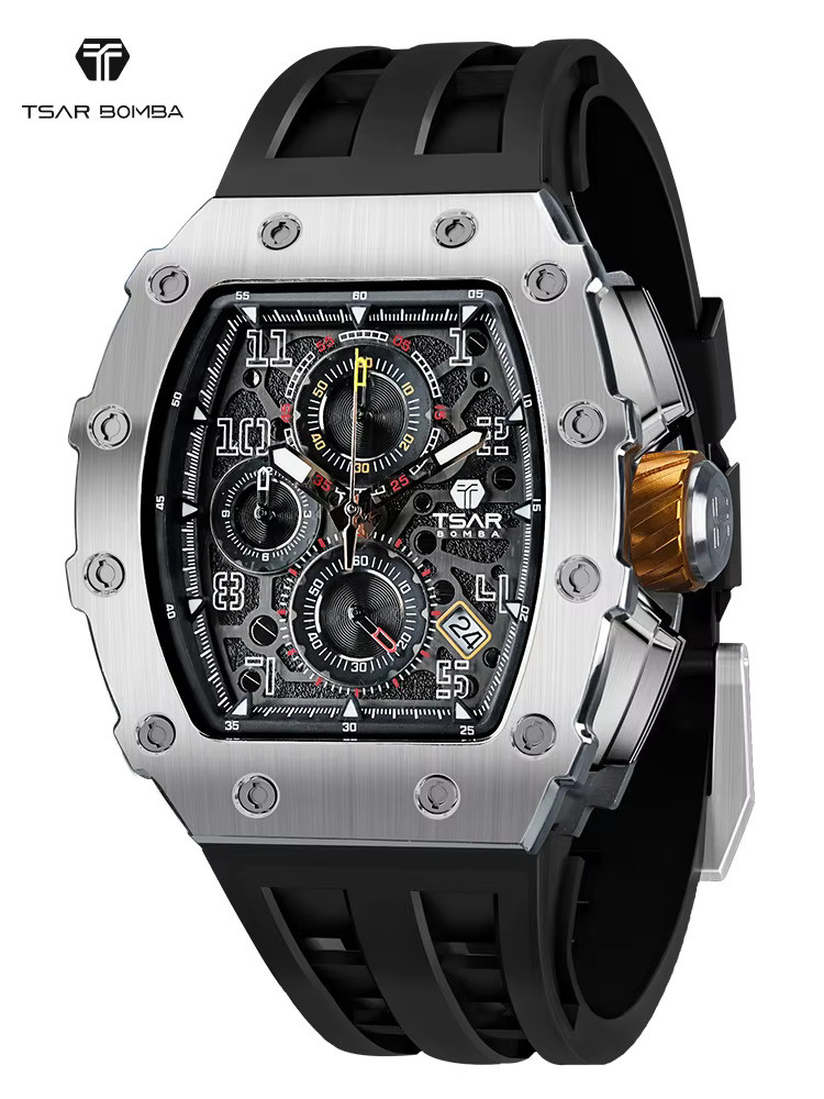 TSAR BOMBA untuk Pria Merek Tonneau Desain Tahan Air Jam Tangan Baja Stainless Fashion Rectangle Men