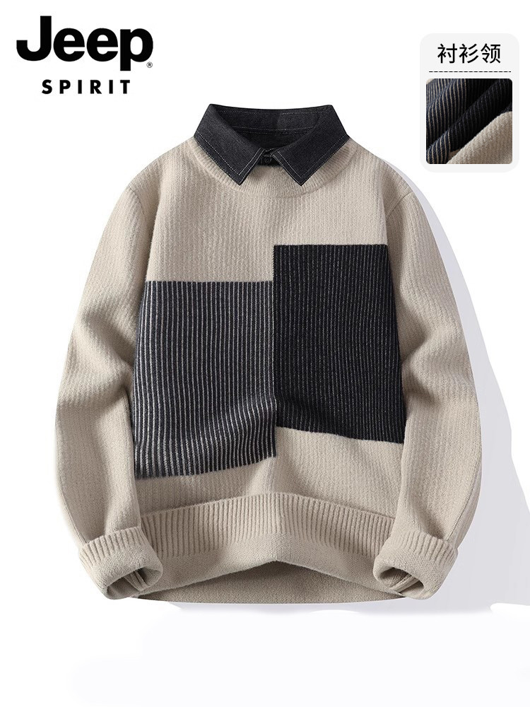 Jeep kaos kerah sweater gugur musim dingin trend korea versi warna menebal palsu dua baju rajutan pr