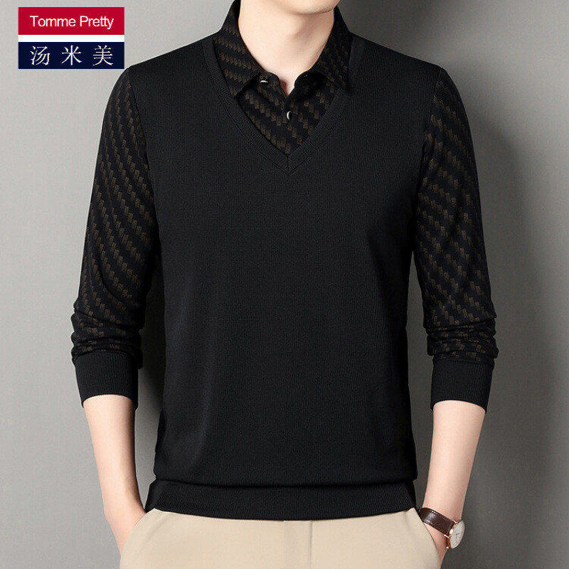 Kaos  Kaos kerah palsu dua bagian 2024 pria lengan panjang t-shirt semi musim gugur sederhana nyaman