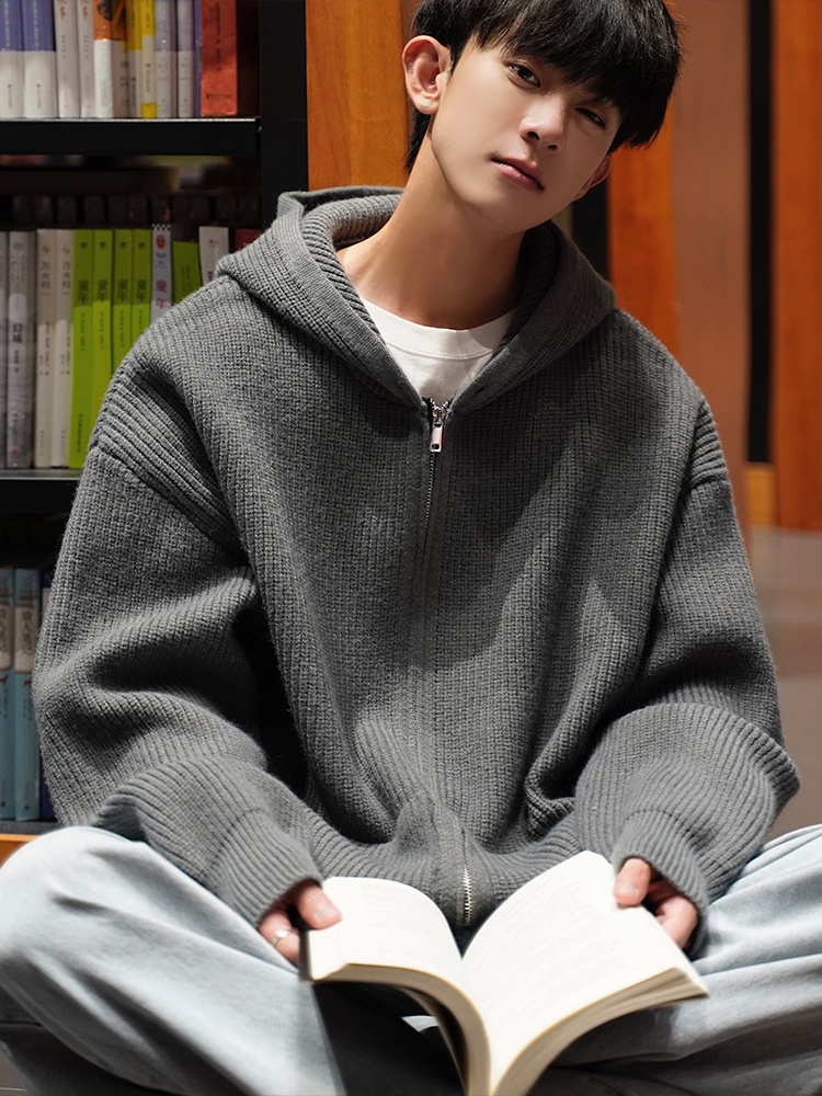 sweater hoodie pria  Hooded Cardigan Sweater Men's Autumn/Winter Thick Thread Coat Cleanfit Loose Ve