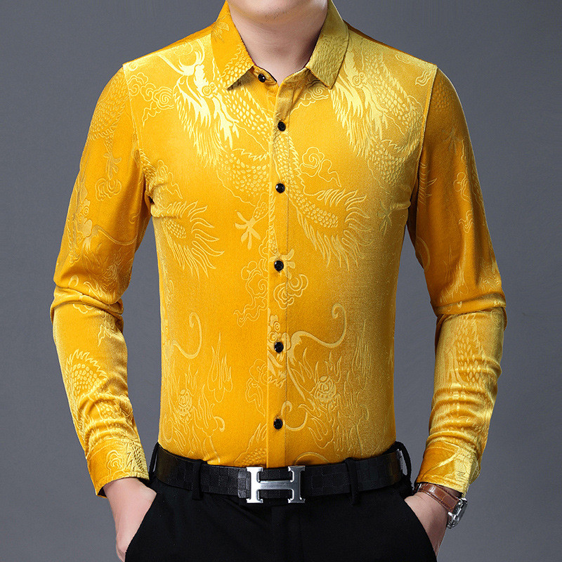 Kemeja  Kemeja  Kaos kasual Cina dragon lengan panjang baru musim gugur butik emas velvet kaos pria 