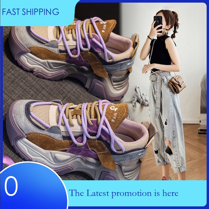 Sepatu Sneakers Trendy Wanita   Soal film yang mengabsorb, kulit asli, sol tebal, ayah tua kotor, 2023 semi musim gugur warna baru menghalangi mata  Gaya Terkini