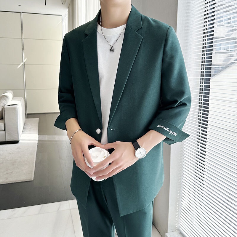 blazer casual pria  New Spring/Summer Thin 7/4 Sleeve Suit Set for Men's Korea Loose Hairstyler Casu