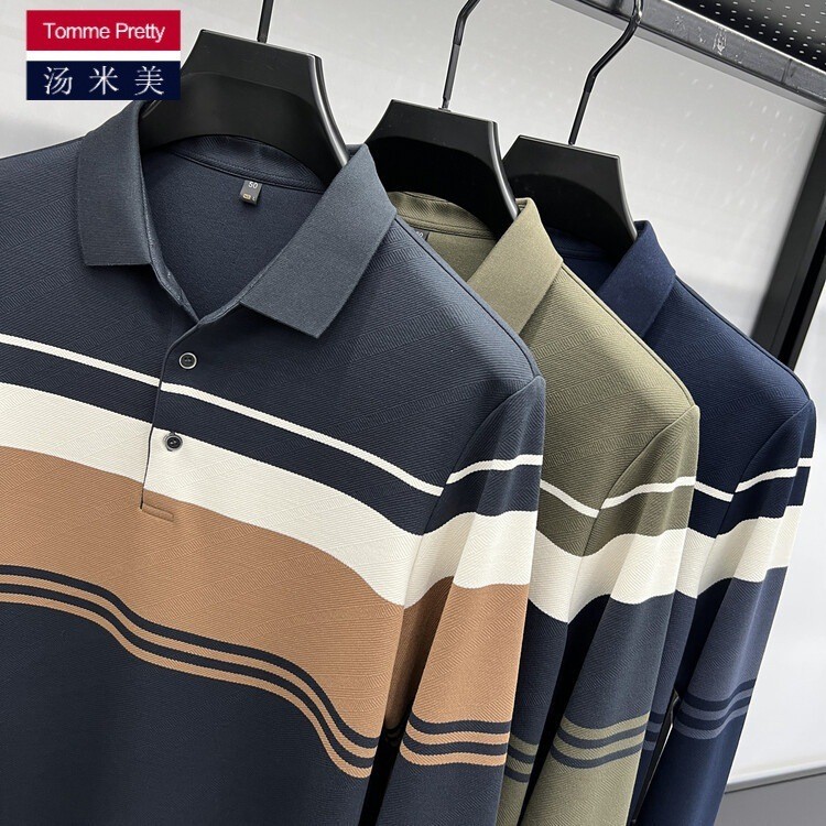 Kaos  Warna tenunan strip lengan panjang t-shirt stripe flip kaus polo pria semi musim gugur muda ay