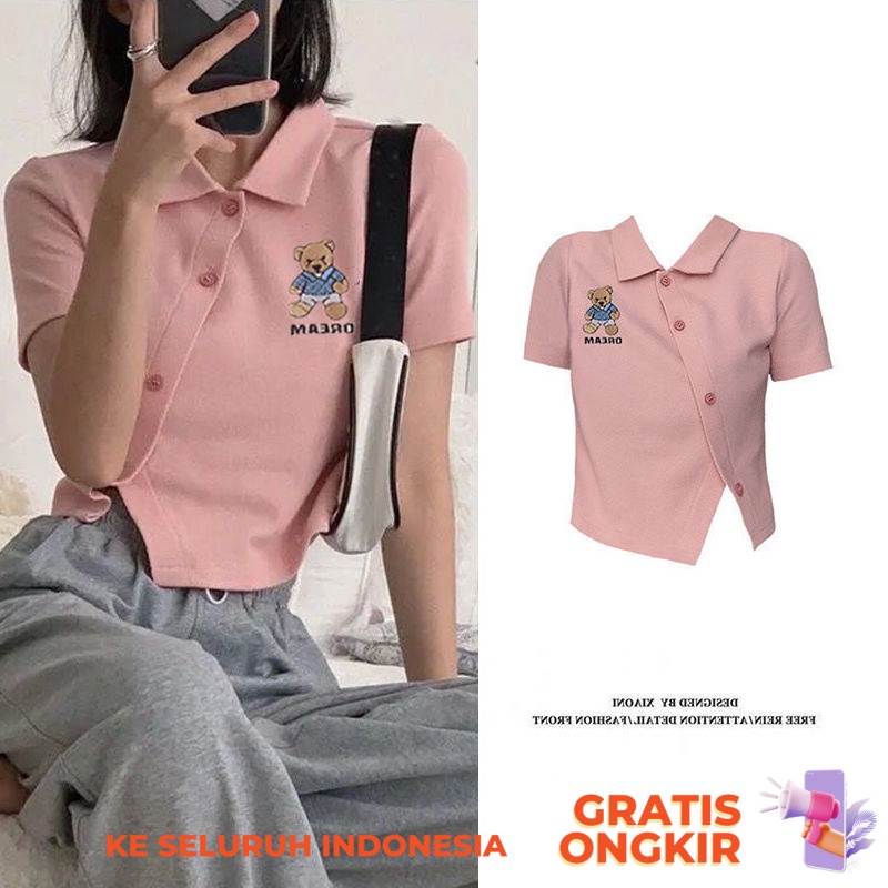 Baju Wanita  Design inspirasi baju polo, T-shirt mesin berhati-hati, waist tinggi merah muda wanita,