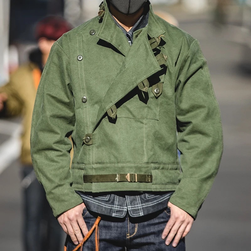 Maden Army Green Retro bomber Jackets Misplaced Oblique Buckle Swedish Motorcycle Men's AMEKI Cotton
