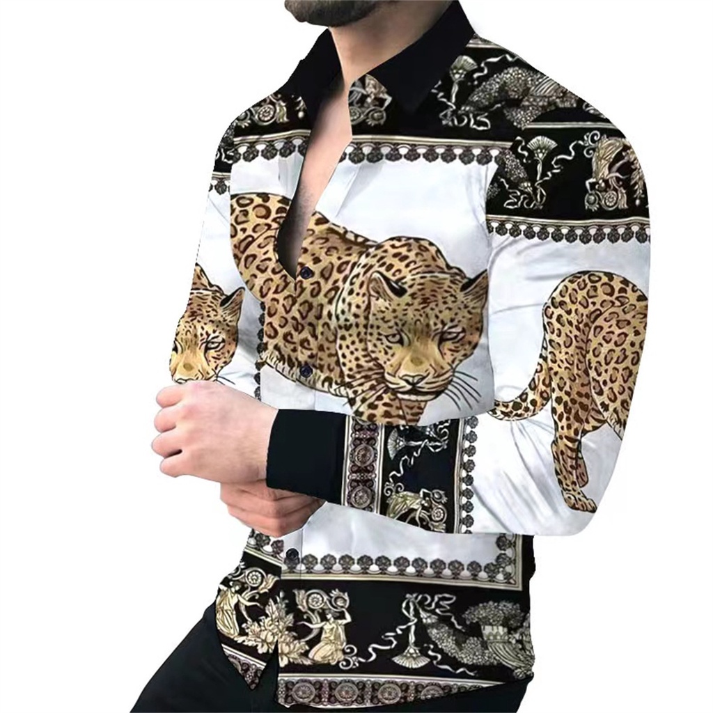 Kemeja Pria Motif Musim gugur baju tidur panjang pria baru Pattern Leopard Kasual Dicetak Atas