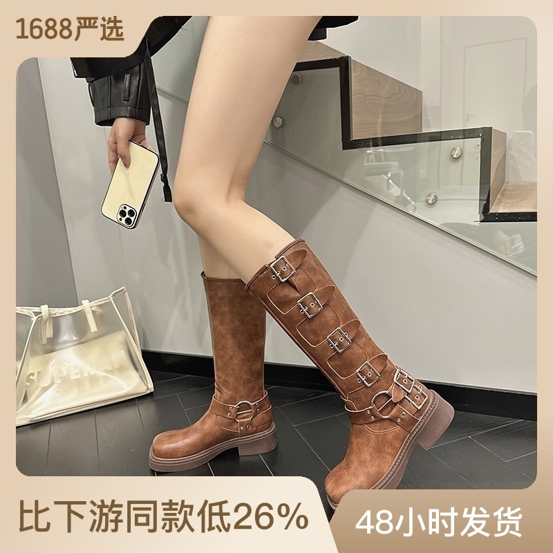 Sepatu boots tinggi wanitaKnight Boots Wanita West Cowboy Boots Square Head High Barrel Long Boots M