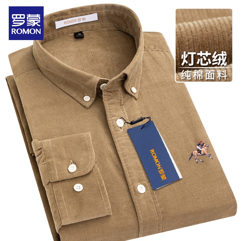 Kemeja pria  Romon Corduroy Pure Cotton Long Sleef Casual Spring and Autumn New Slim Fit Stripped Do