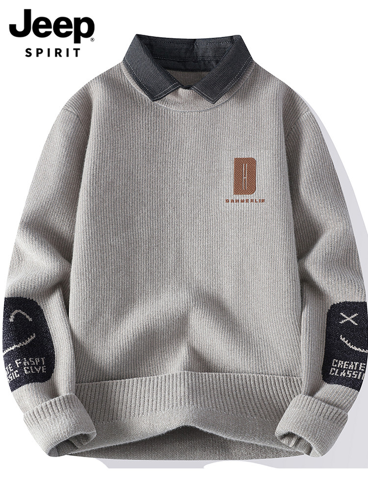 JEEP SPIRIT kaos kerah sweater gugur musim dingin tren dalam dengan palsu tebal dua baju rajutan pri