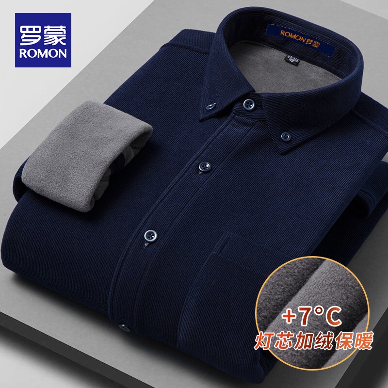 Kemeja pria  Romon Winter all-in-one velvet shirt for men's long sleeved corduroy middle age elderly