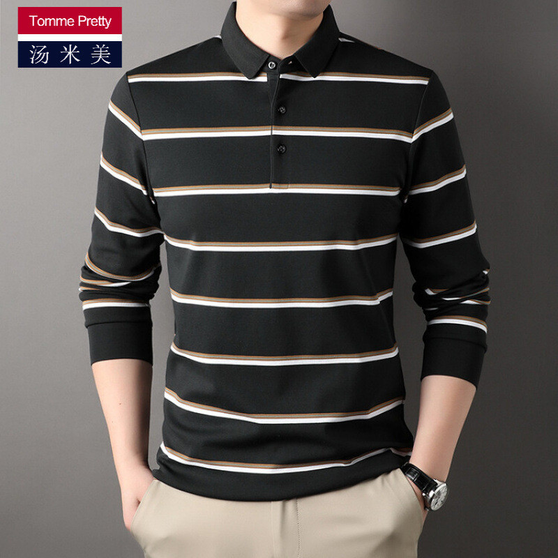 Kaos  Musim semi musim gugur kasual polo kaos flip stripe lengan panjang t-shirt pria longgar nyaman