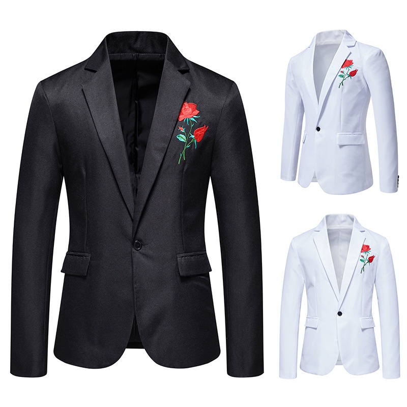Jas Blazer Pria Pakaian biasa laki-laki jaket tombol tunggal bisnis bunga jaket embroidery bunga X08