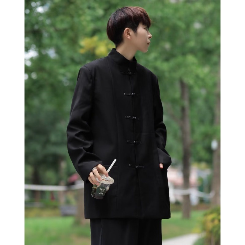 Kemeja Atasan PriaGaya negara baru orang Cina bersinar ringan berdiri kaos kerah, jari panjang pria 