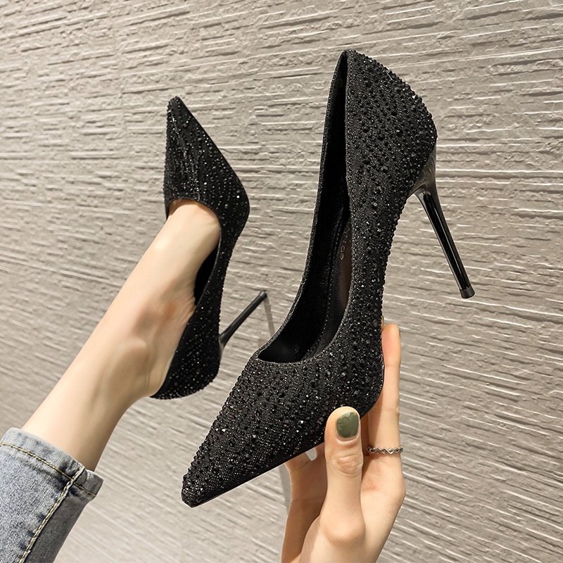 Sepatu pesta wanita Spring New Pointed Wedding Slim Heels Fashion Korean Edition Rhinestone High Hee