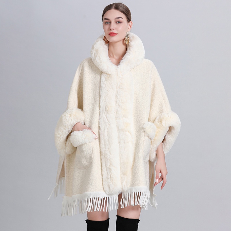 686 # New loose plush and thick hooded pocket tassel fur cape cardigan oversized woolen jacket