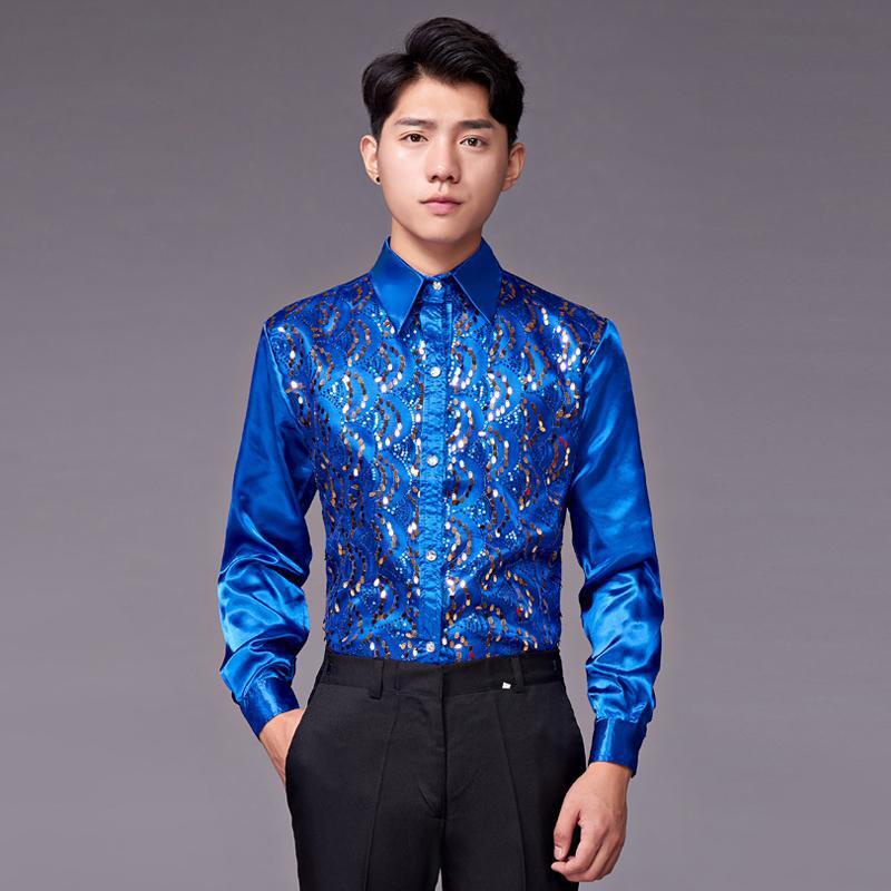 Kemeja Pria Motif Berwarna baju sekin pentas pertunjukan baju laki-laki berdansa suara persegi pertu