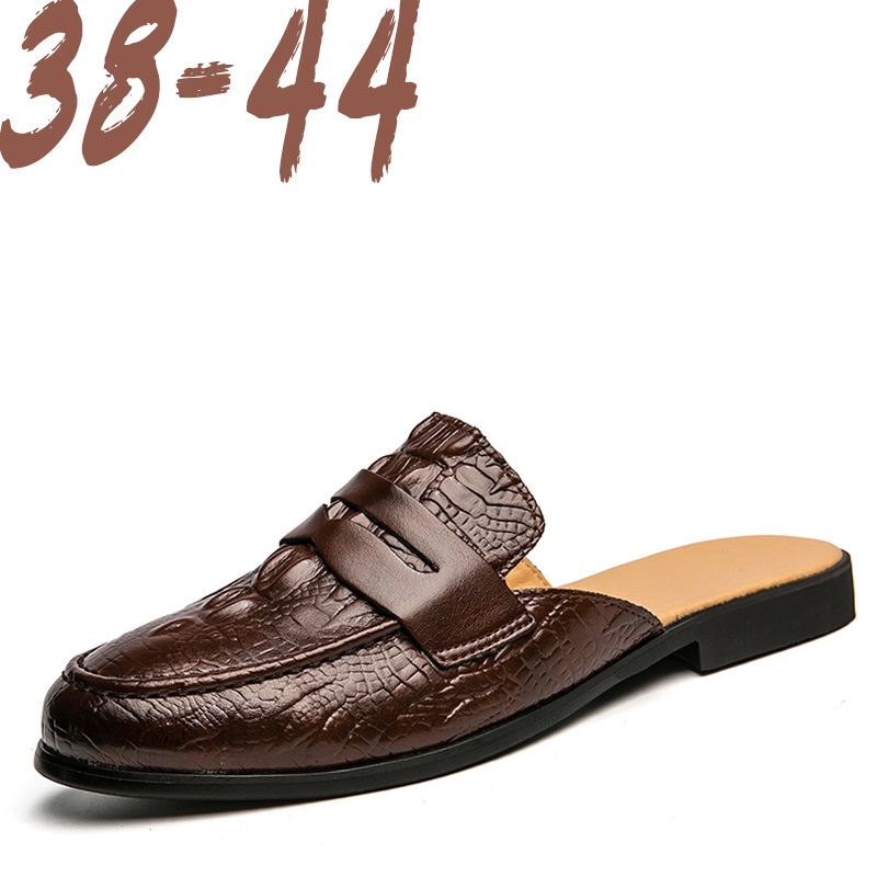 Sepatu Pria Terbaru  2023 Baotou Leather Crocodile Pattern Half Toe Shoes Heel kurang versi Korea Me