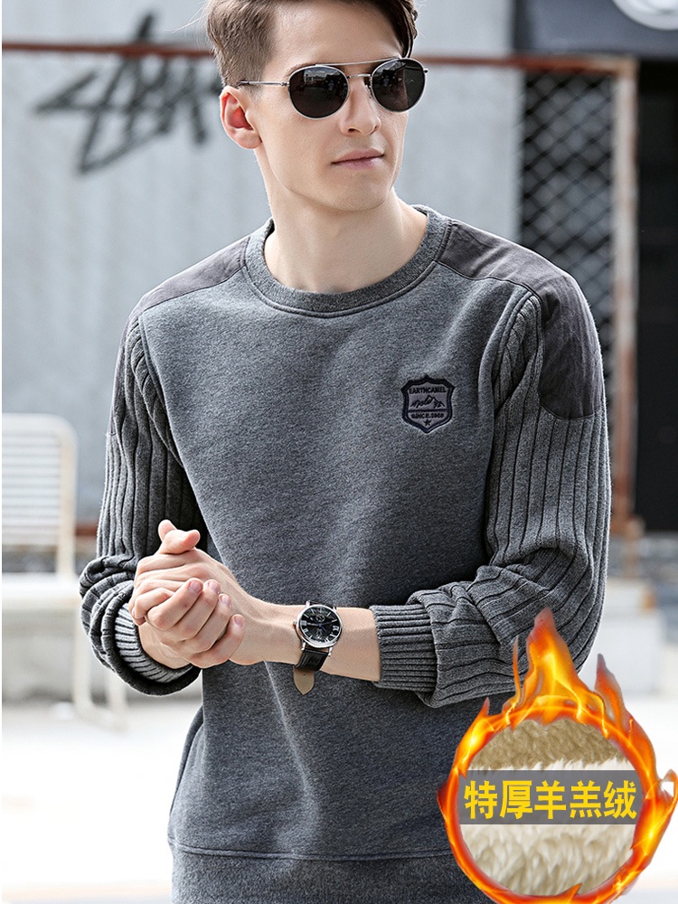 switer cowok keren  Hoodie laki-laki dengan plush tebal pakaian kashmere domba, leher bulat, ayah at