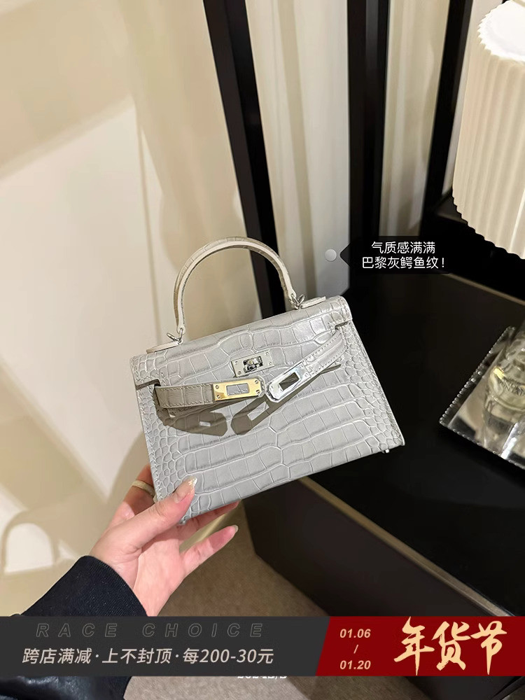 RacChoice cross body bag premium krokodil abu-abu pola kulit asli generasi kedua tas Kelly untuk wan