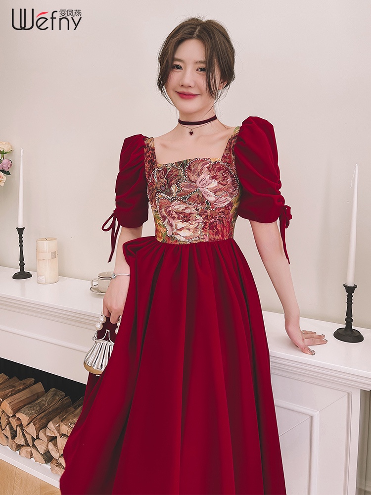Gaun jumbo big size dress Wine red cocktail dress for bride, light luxury, niche, and high-end feeli