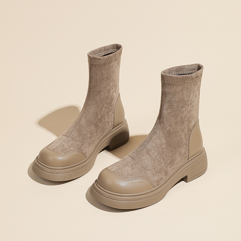 Sepatu boots wanita Suede Short Boots Women's Martin Boots Short Tube New Mid Heel Thick Heel Elasti