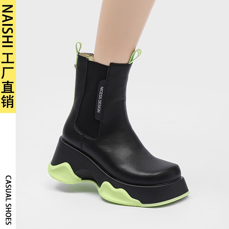 Sepatu boots wanita Kepala Besar Martin Boots Cowhide Wanita Tebal Sole Tengah Barrel Sedikit Sepatu