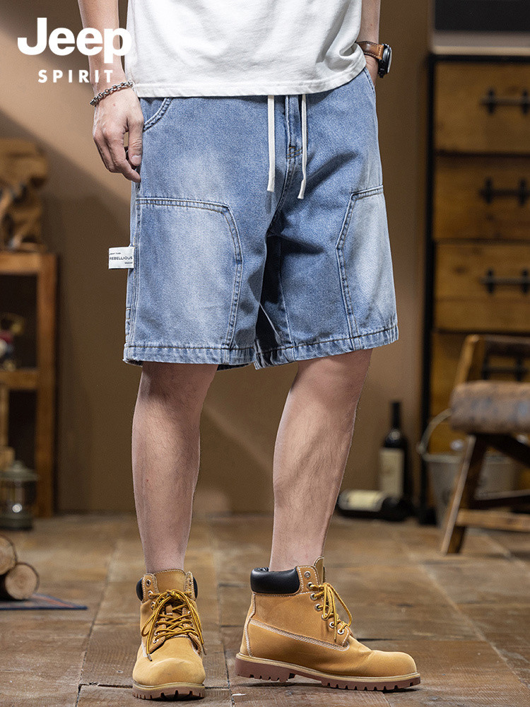 Jeep pakaian jeans celana pendek pria trendy musim panas tipis longgar 2025 New American High Street