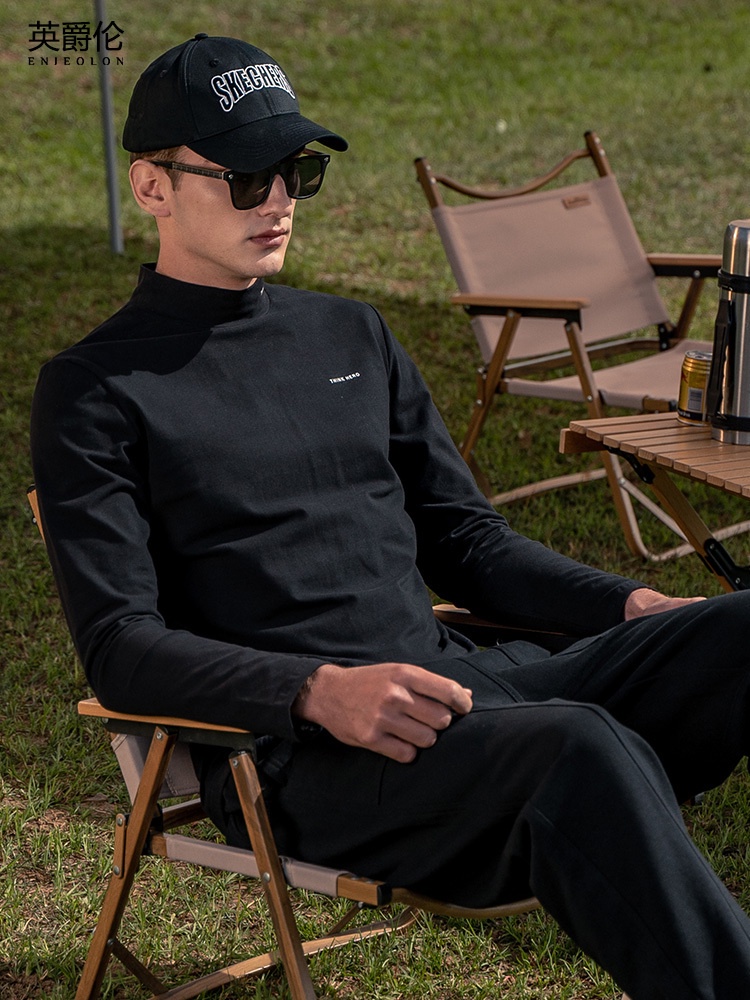 kaos lengan panjang pria  Yingjuelun 250g tebal setengah leher tinggi lengan T-shirt pria untuk semi