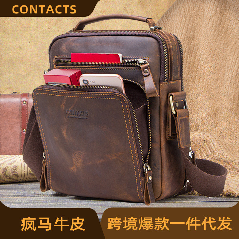 Black Angel Crazy Horse Cowhide Crossbody Multi fungsional Casual Men's Dual Purpose Kulit Handheld 