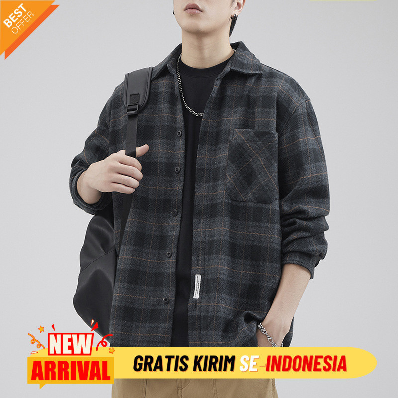 Kemeja Kasual Premium Import  Musim dan dingin tebal jaket baju lengan panjang laki-laki besar suara