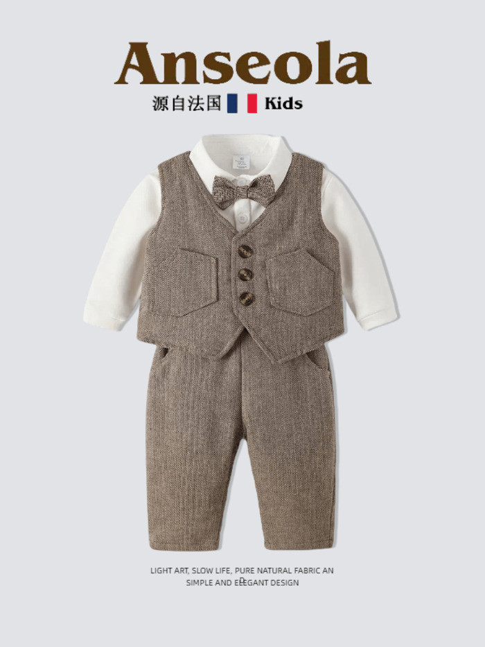 Anseola Prancis ~ set jas rompi anak laki-laki musim semi dan musim gugur gaun bayi berusia satu tah
