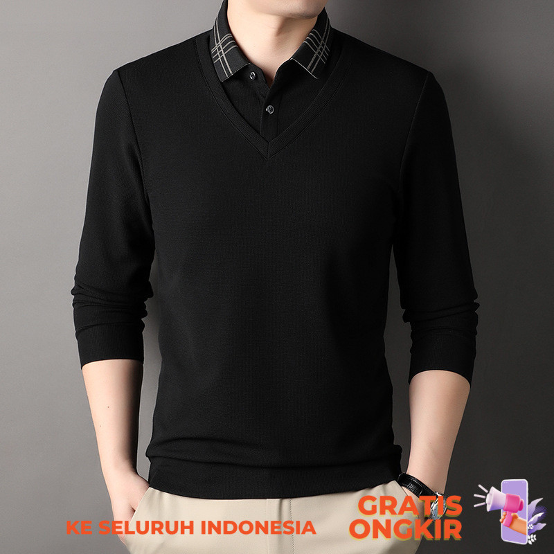 Sweater Pakaian Pria  New Spring V-neck Fake Two Pieces Long sleeved Knitted Middle Age Business Bot