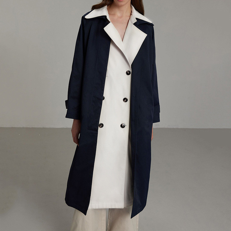 Gaya Inggris panjang tengah untuk musim semi wanita patchwork baru merancang palsu dua potong perasa