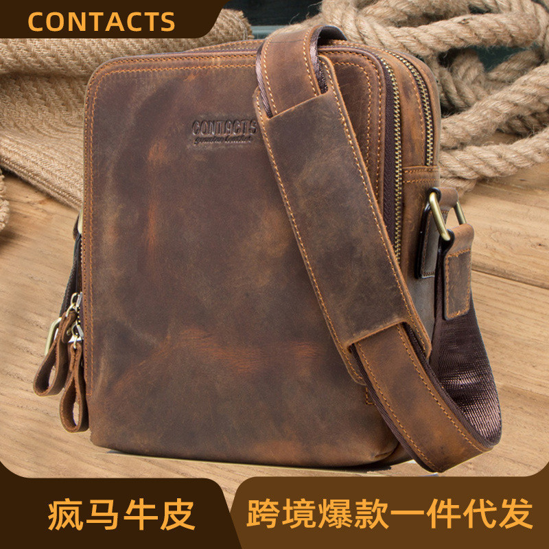 Black Angel Crazy Horse Cowhide Shoulder Country Men's Crossbody Bag