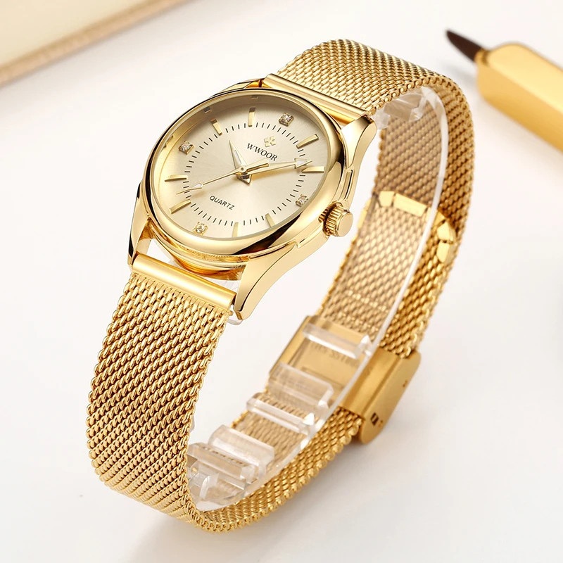 WOOR - Brand Dress Gold Watch Wanita Elegant Diamond Small Quartz Wrist Watches For Women Steel Mesh