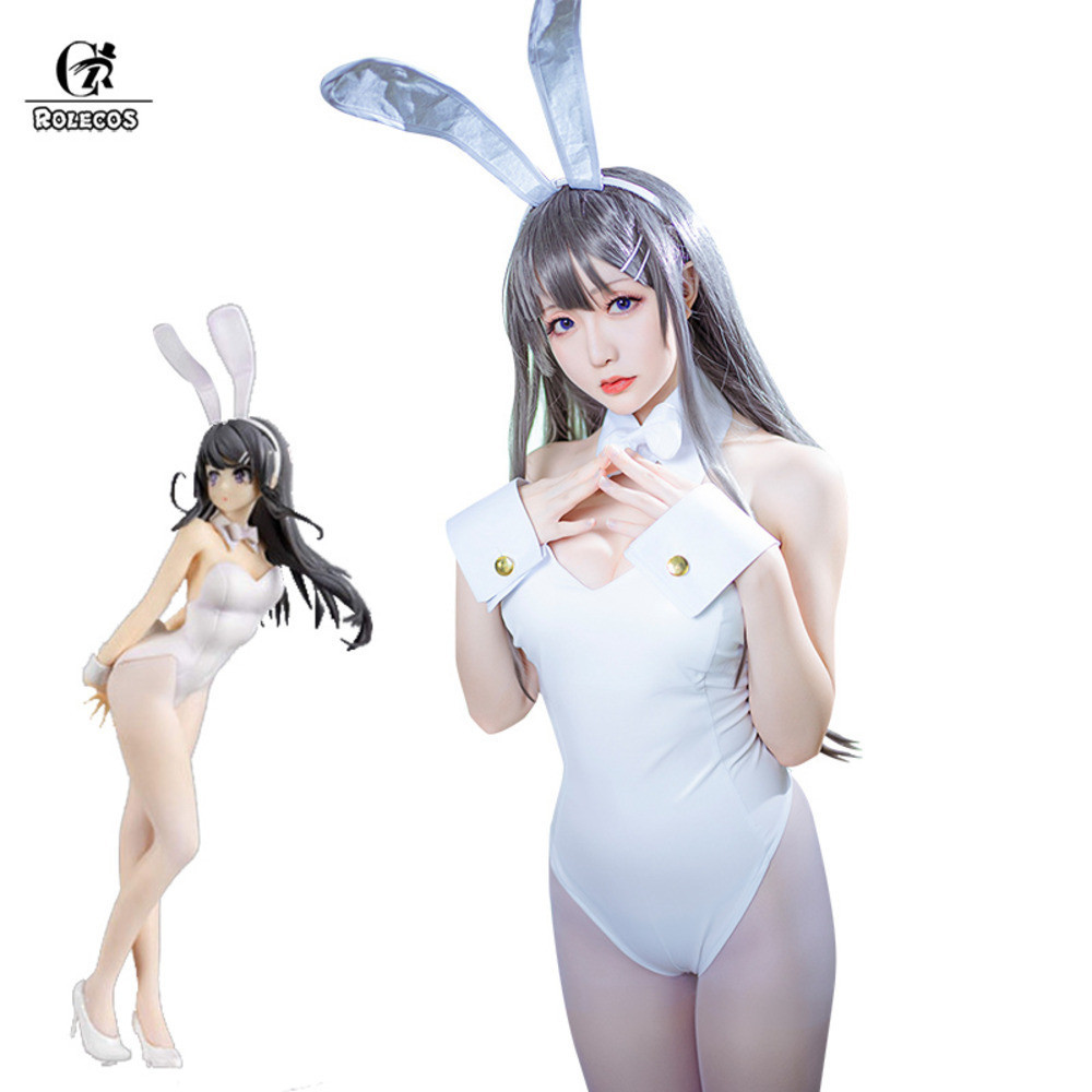 ROLECOS Sakurima Mai Cosplay Kostum Putih Seksi Jumpsuit Seishun Buta Yarou wa Bunny Girl Senpai no 