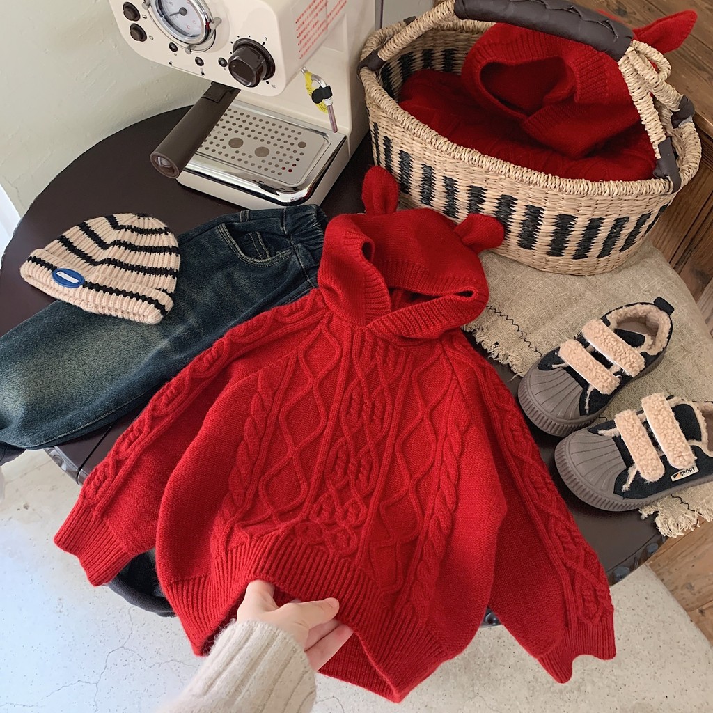 Anak-anak hooded pakaian bayi jacuzzi sweater anak laki-laki merah rajutan baju wanita menebal tahun