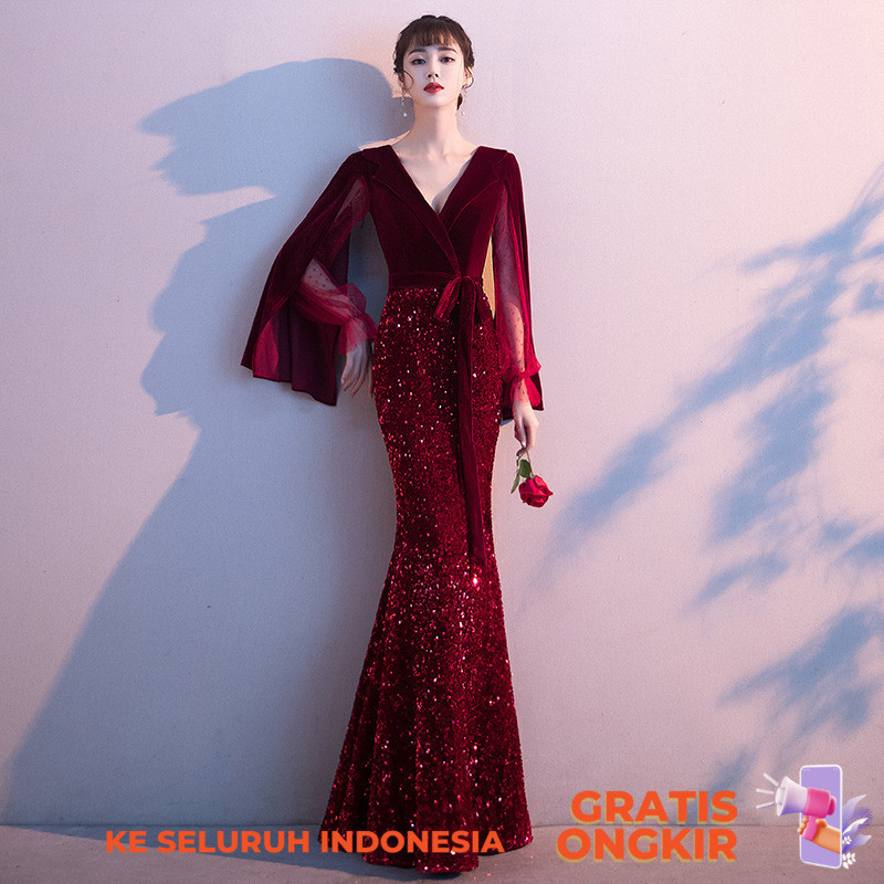 Gaun Malam  Wine Red Slim Fit Fishtail Style Queen Host Banquet Party Sequins Annual Meeting Evening