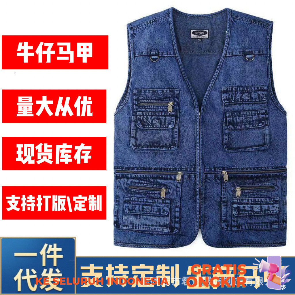 Rompi Tebal Pria  Jaket koboi dengan banyak saku, nelayan pria, fotografi gunung, jaket kapas murni