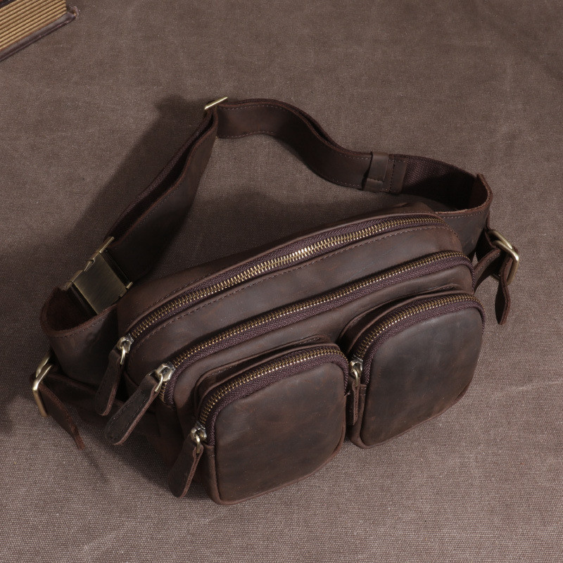 Tas libur uang tunai para pria register lapisan atas karung sapi pinggang besar untuk dada pria, tas