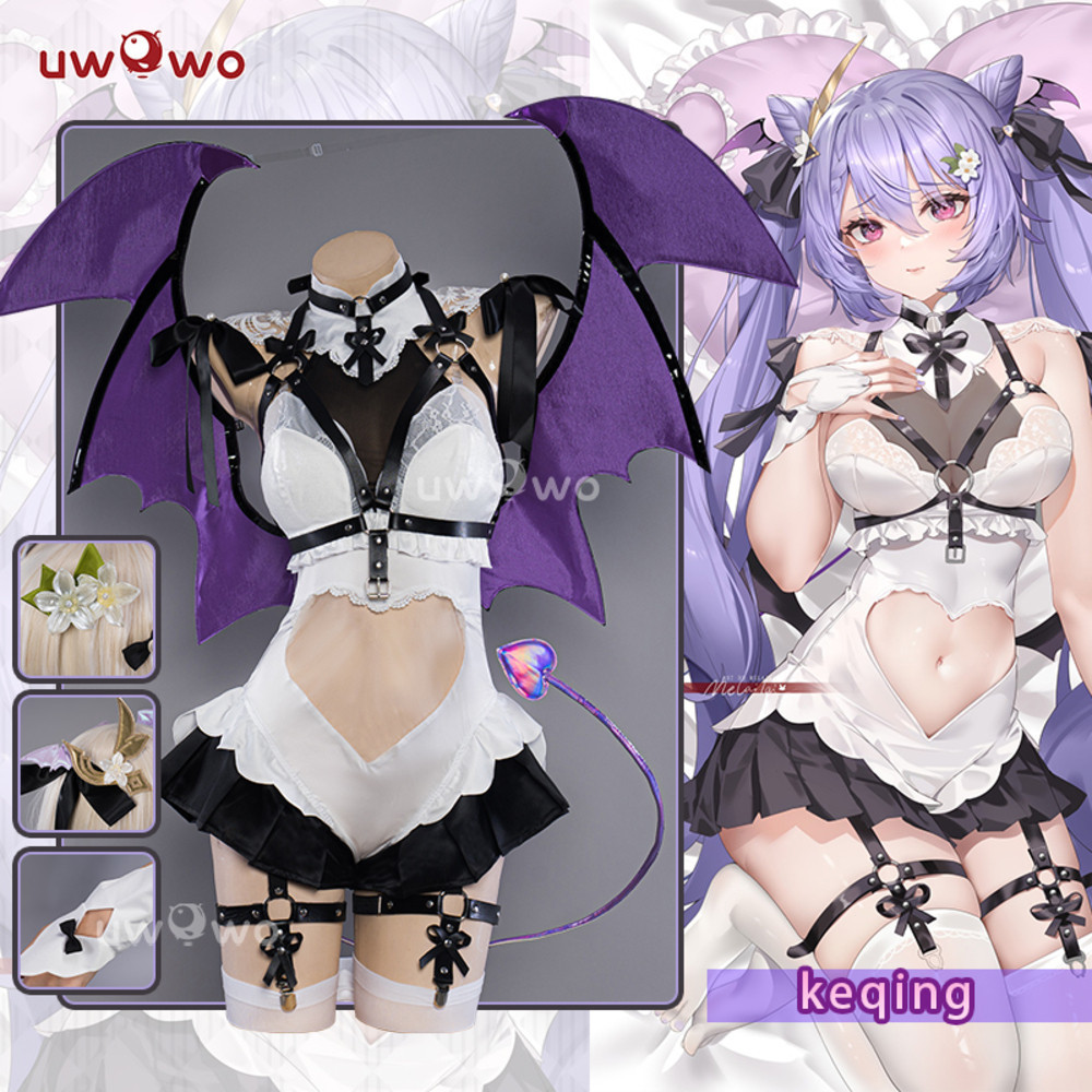 Di Stok UWO Succubus Cosplay Eksklusif Impact Fanart: Keqing Female Cos Devil Genshin Kostum