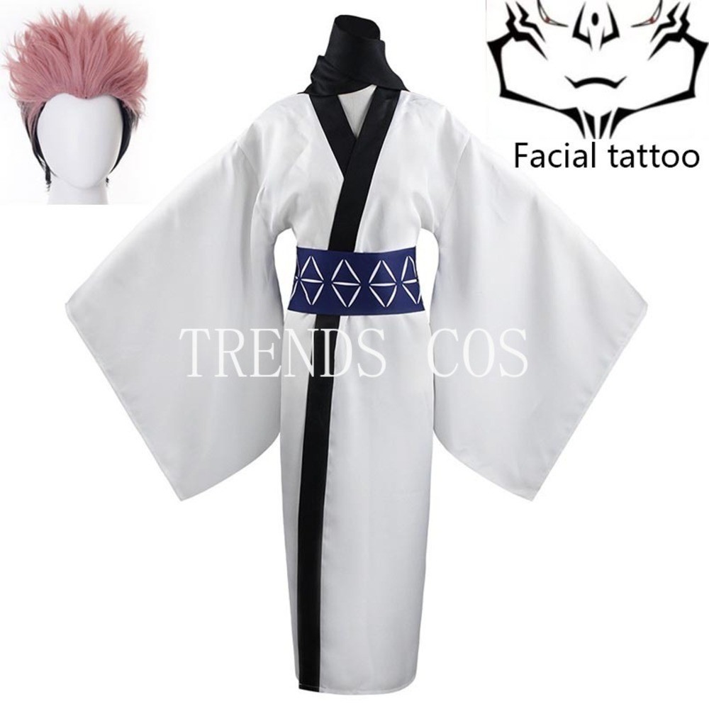 Ryomen Sukuna Cosplay Costume Halloween Party White Outfit for Men Women Sukuna's Kimono with Tattoo