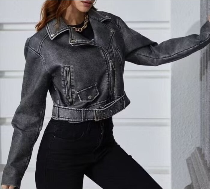 Jalan lapel melepaskan palsu dengan trend pribadi wanita jaket kulit gaya zipper cuci musim gugur