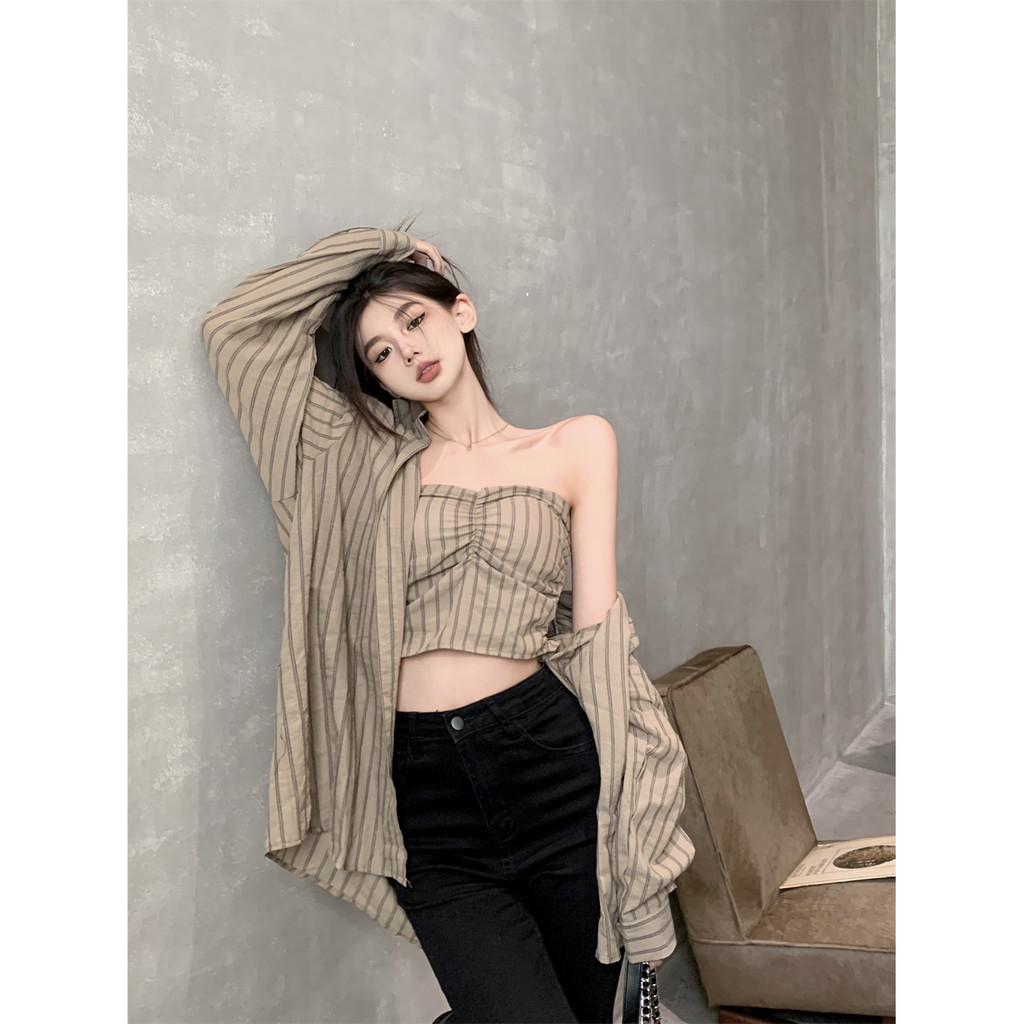Gadis Korea Hot Backless Strapless Strap Top + Women's Autumn Suit's Loos Loose Long Lengan Jaket S