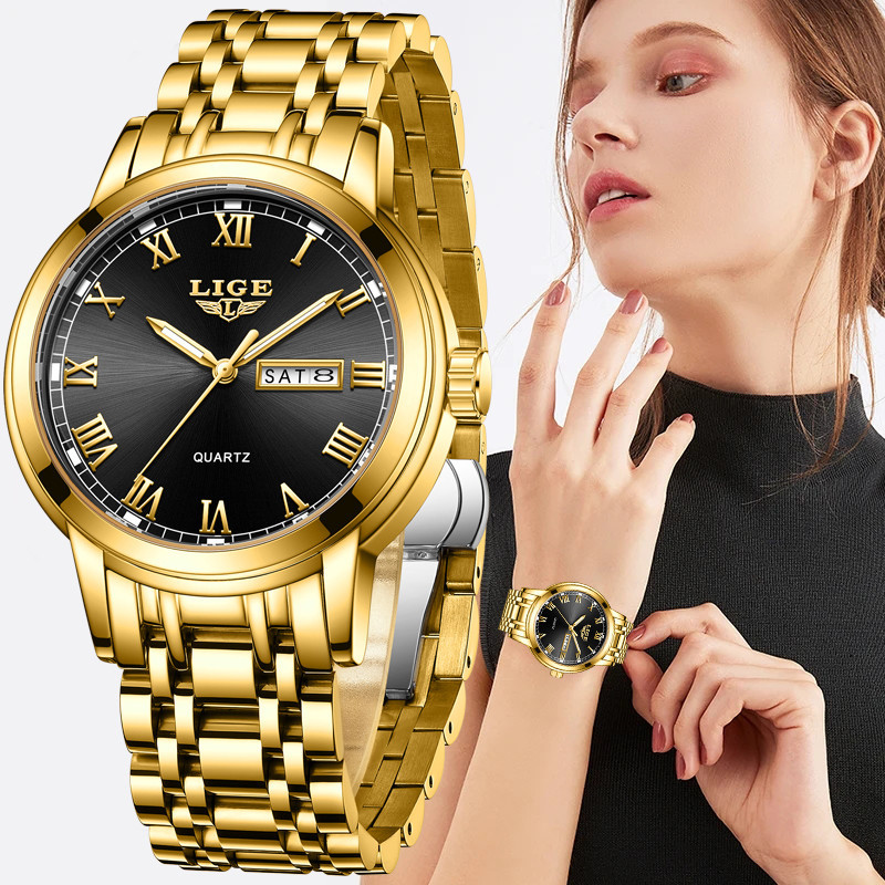 LIGE 2023 New Gold Watch Creative Steel Women's Bracelet Menonton Wanita Clock Waterproof Relogio Fe
