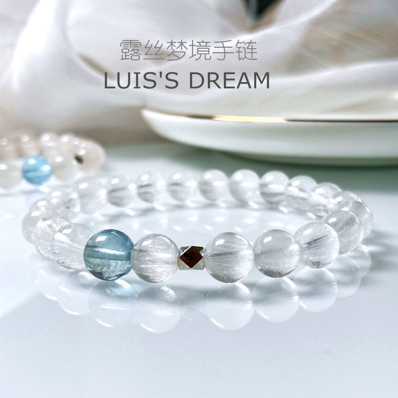 Gelang manik-manik aquamarine alami kristal putih gaya yang sama dari Zhao Lusi untuk wanita, gelang bestie perak sterling desain khusus