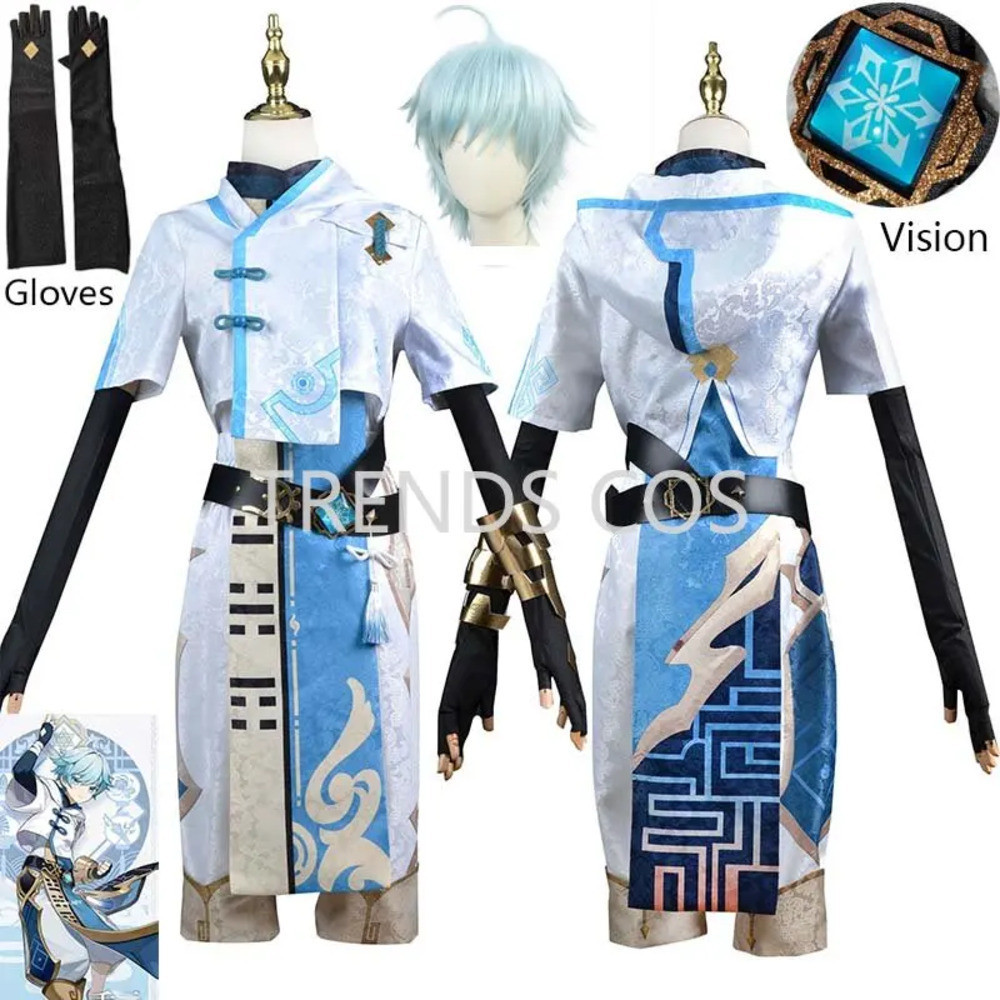 Kostum Chong Yun Dress Gloves Bracelet Wig Bandage Chongyun Pakaian Anime Cosplay