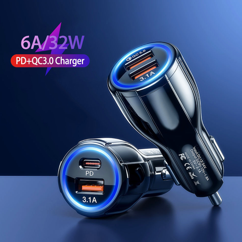 6A QC3.0 dual muatan dengan PD Tip-c cepat kepala rokok lighter satu sampai dua flash mobil memuat